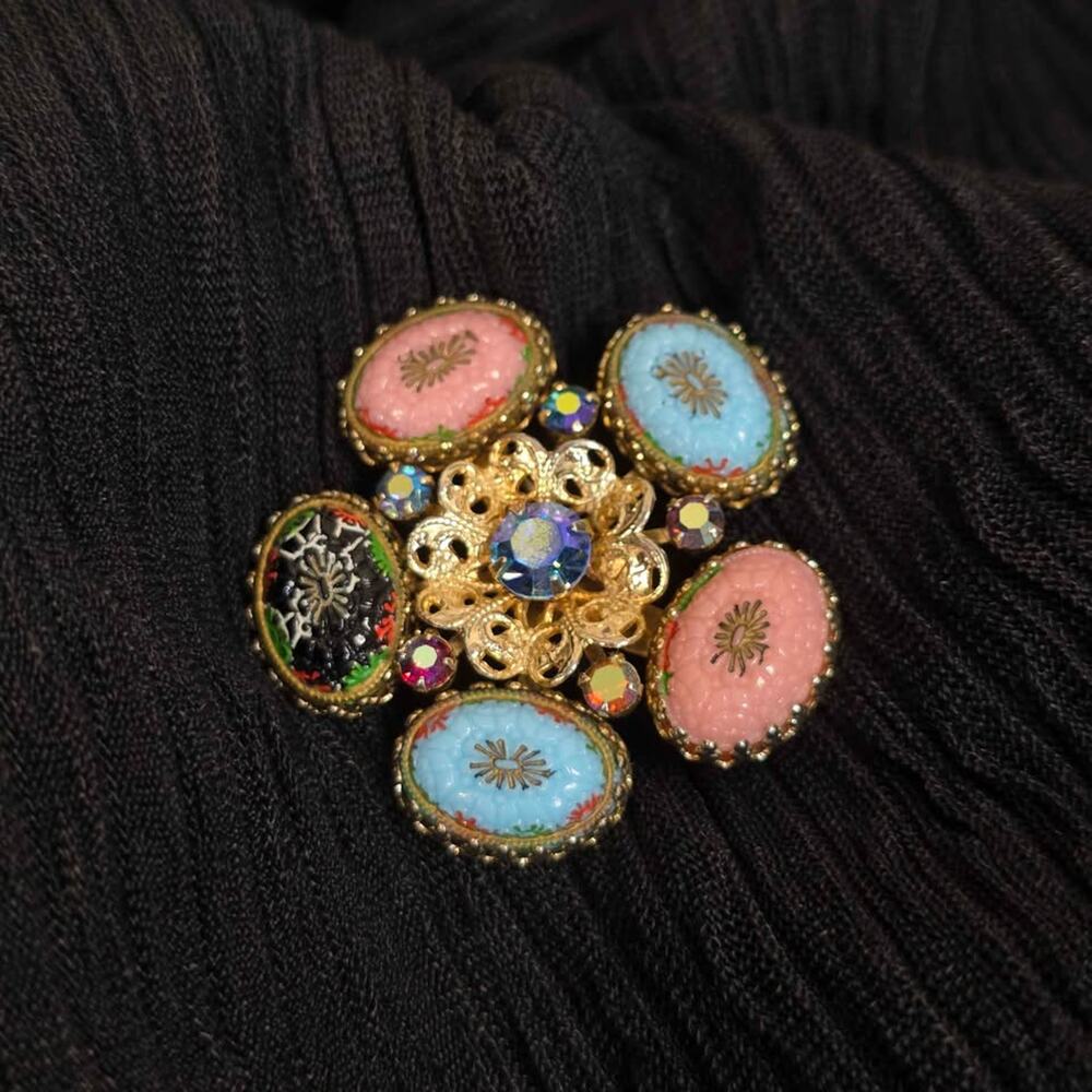 Vintage Brooch Statement AB Rhinestones Pink Blue Gold Tone MCM